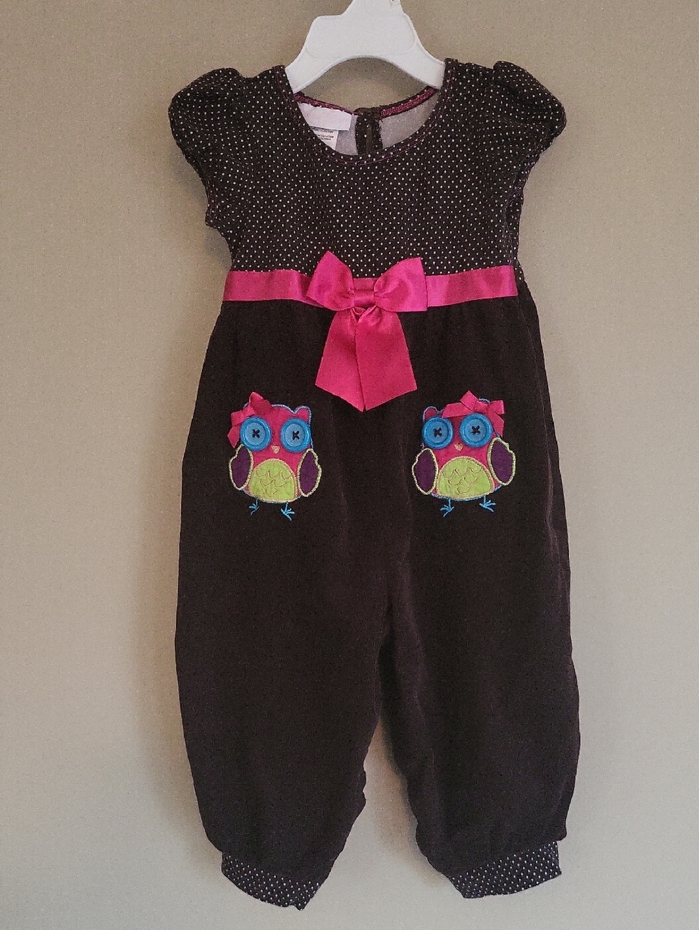 Vintage brown & hot pink owl corduroy romper
